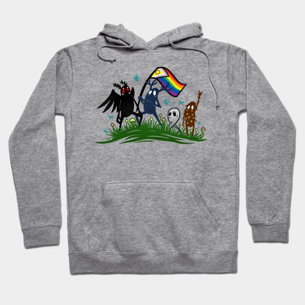 Cryptid Pride Mothman Sasquatch Fresno Nightcrawler Forest Guardian Hoodie by Manfish Inc.